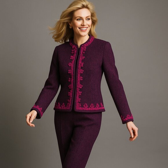 Carlisle Wool Blazer Pants Set Size 10 Purple Embroidered Asian Vintage Office - Picture 1 of 11